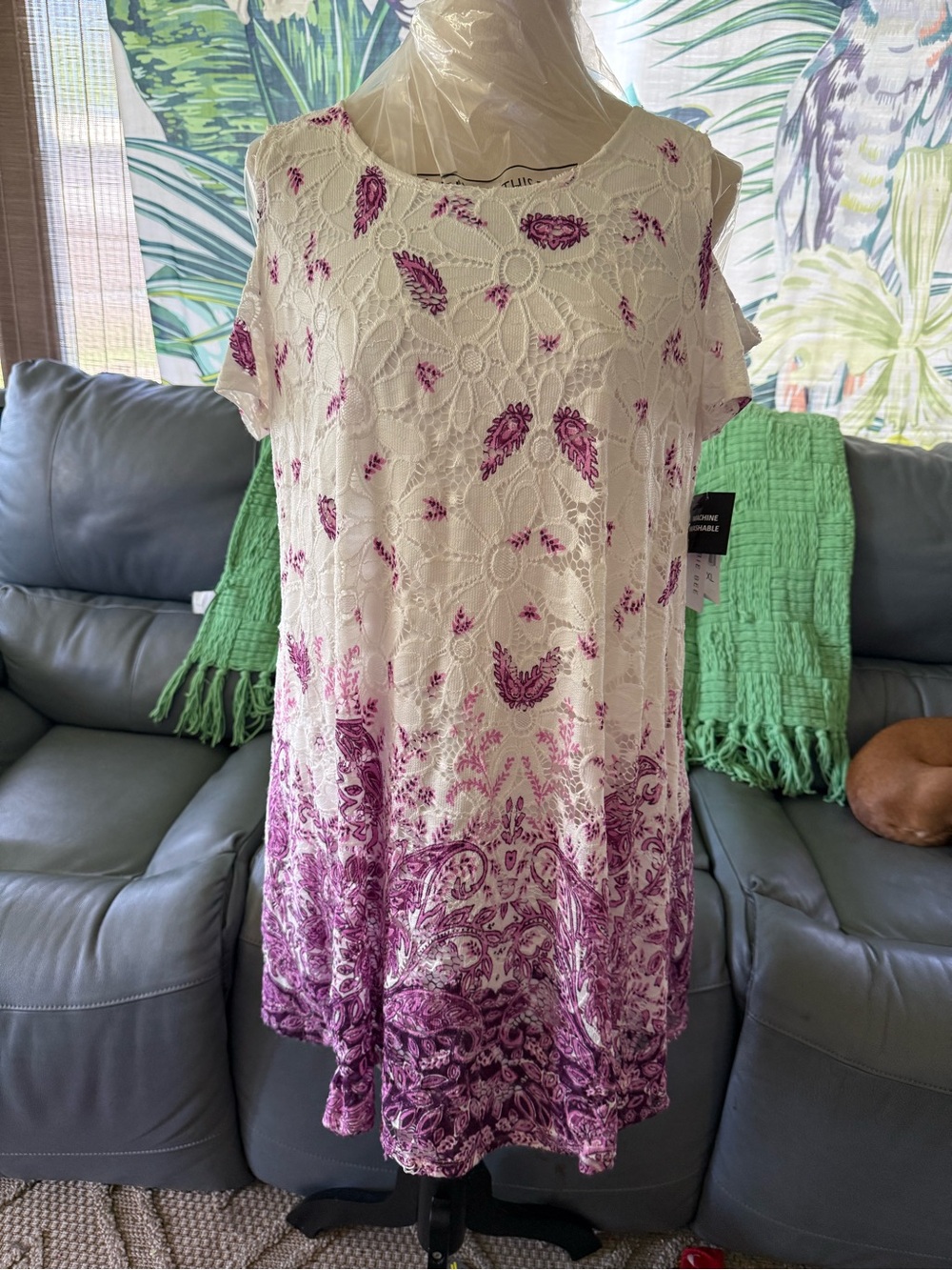 Robbie Bee Cream and Magenta Lace-Overlay Midi Dress